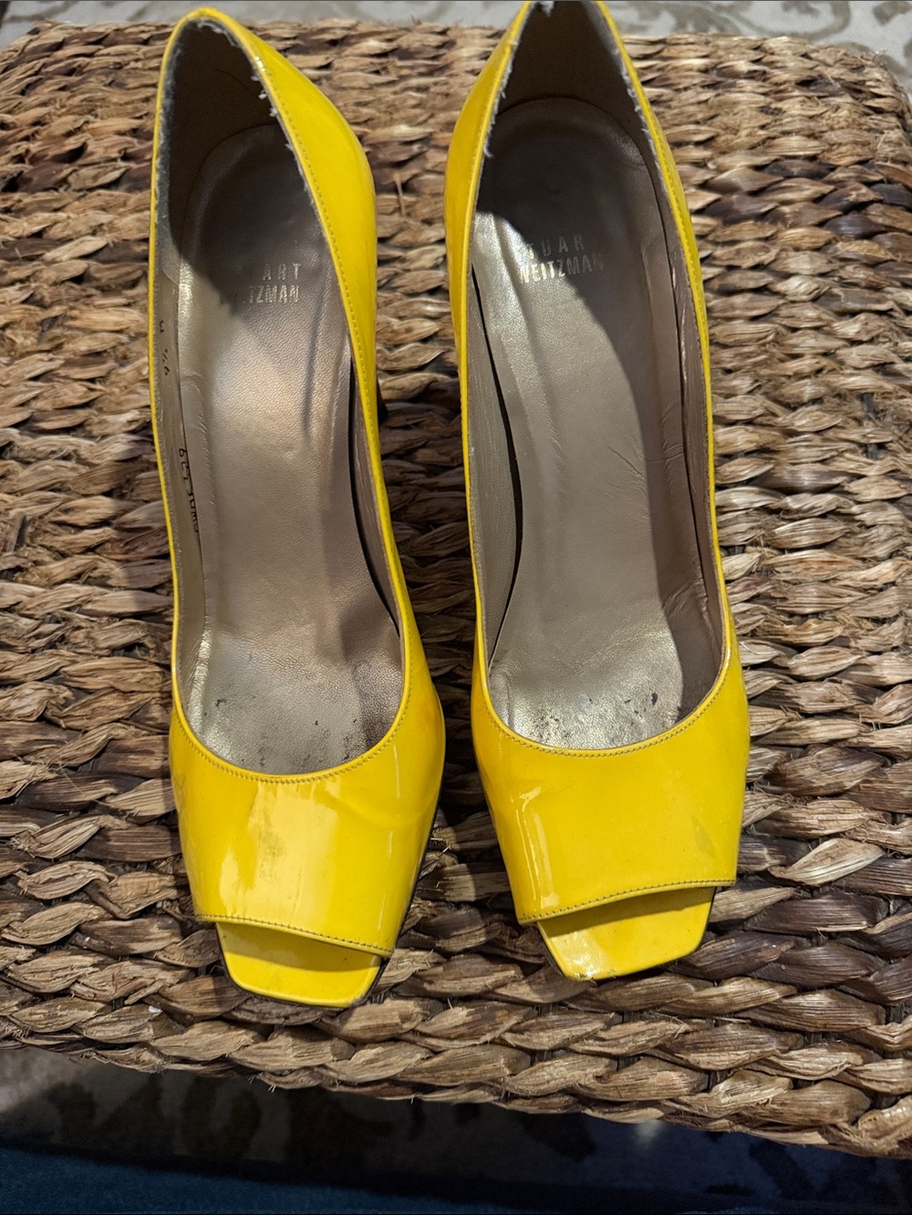 Stuart Weitzman Yellow Patent Peep Toe Pumps